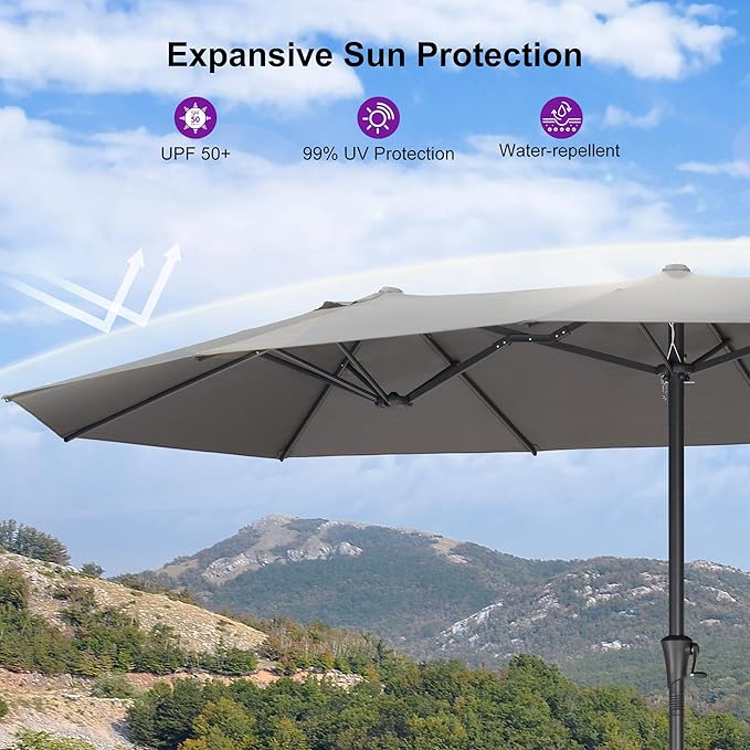PURPLE LEAF 14ft PatioUmbrella Outdoor Double-Sided Umbrella with Base and Crank Rectangle Market Table Umbrella for Pool Deck Garden, Grey