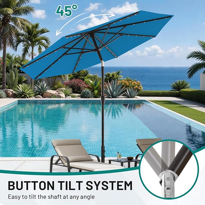 AreShark 9FT Patio Umbrella with Solar Lights, 32 Lighted Pool Umbrella w/Tilt and Crank, Outdoor Market Solar Umbrellas for Garden, Deck, Backyard, Pool and Beach, Royal Blue