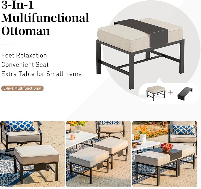 SUNSHINE VALLEY Patio Furniture Set with Firepit Table, Metal Outdoor Patio Furniture, 2 Swivel Chairs, 3 Seater Sofa, 2 Ottomans with 5.75" Extra Thick Cushion and Gas Firepit Table for Backyard Deck