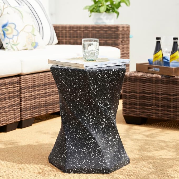 Glitzhome Outdoor Side Table, 17.75" H Decorative Garden Stool MGO Twist Faux Terrazzo End Table, Round Planter Stand for Indoor Outdoor Living Room Bedroom Patio Deck Poolside, Black