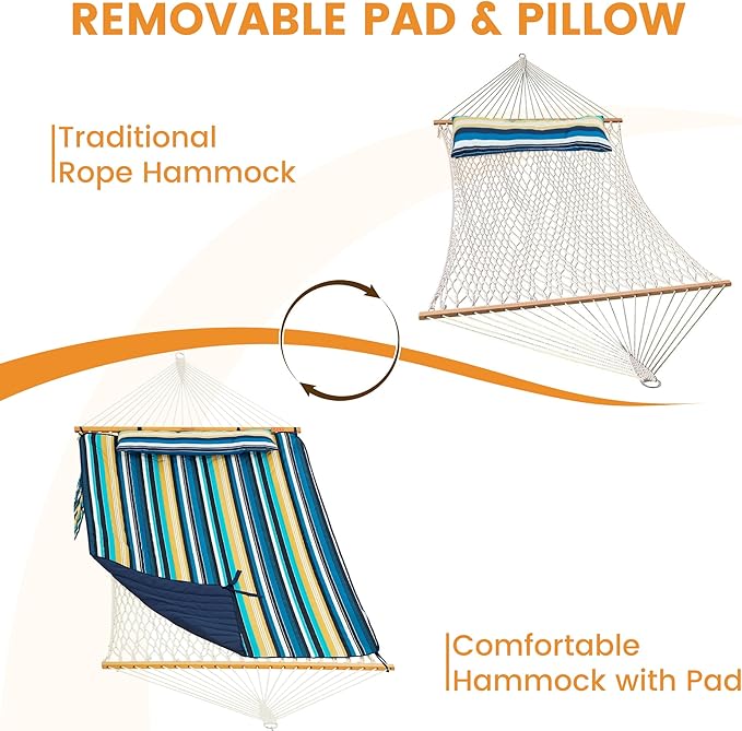 Lazy Daze Hammocks Rope Hammock with Pad, Spreader Bar, Carabiners, Tree Straps, Chains for Outside Patio- Max 450 Lbs, Beach Stripes