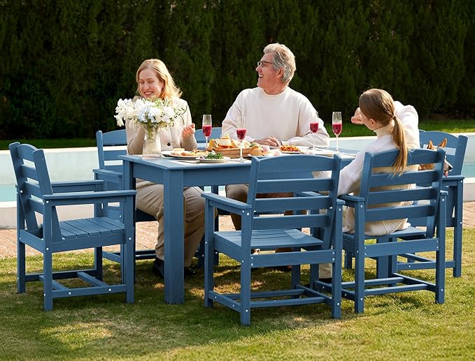 SERWALL Patio Dining Set for 6, Outdoor Dining Sets for 6 Person with 1 Umbrella Hole Cut-Out Rectangular Table and 6 Chairs, HDPE Dining Sets for Garden, Backyard, Poolside, Blue