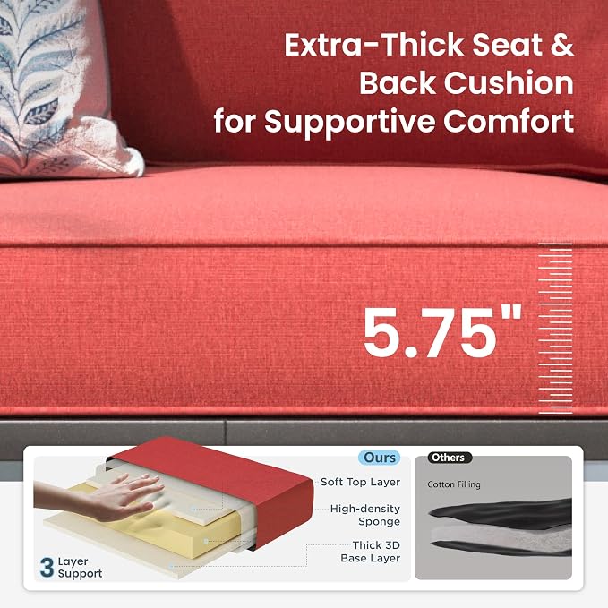 PHI VILLA Patio Furniture Set, 3-Seater Sofa, 4 Swivel Chairs and a Coffee Table, Outdoor Metal Conversation Set with 5.75" Extra Thick Cushion for Garden Backyard Deck, Red