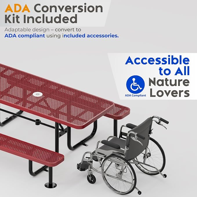 Commercial Heavy-Duty Metal Picnic Table - ADA Compliant, Adjustable Seats, Umbrella Hole, Expanded Metal (Red, 8' Rectangular)