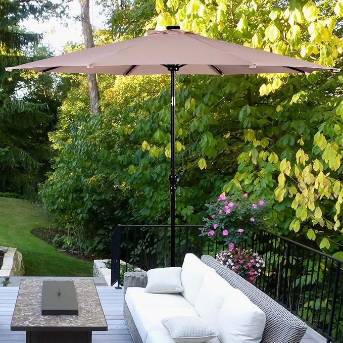 Goplus SPSUPE Patio, Solar Powered Umbrella with 18 LED Lights, Beige, 9 ft (Patio Umbrella)
