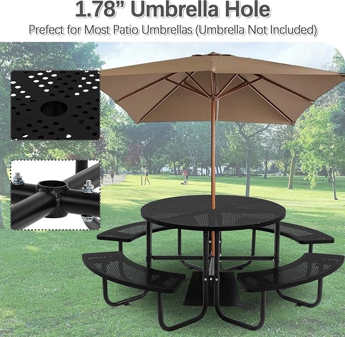 46" Round Heavy Duty Metal Picnic Table with Umbrella Hole, Portable Open Air Picnic Table for Outdoor Patio & Lawn Garden, Rustproof Commercial Grade (Black - Round)