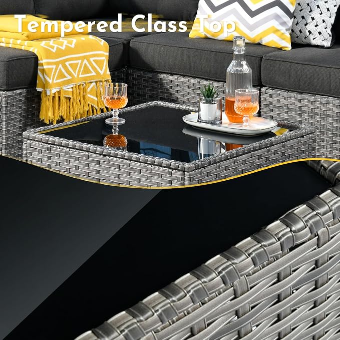 Weaxty 7 Pieces Outdoor Patio Furniture Set,Wicker Sectional Sofa Couch with Thicken Cushion and Glass Coffee Table,All Weather Rattan Patio Conversation Sets for Porch,Poolside,Backyard, Black
