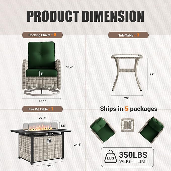 10Pcs Patio Rocking Swivel Chair with 55,000 BTU Fire Pit Table Outdoor Wicker Rattan Bistro Set with Tempered Glass Side Table, Outdoor Patio Furniture Set for Garden and Balcony, Green
