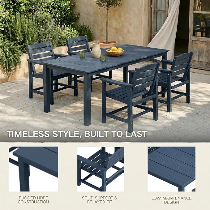 Kingdura 5 Piece Patio Dining Set for 4, 75.2'' HDPE Outdoor Dining Table Set with 2" Umbrella Hole, Weather-Resistant Outdoor Furniture, Table and Chairs Set for Backyard Pool Garden, Blue