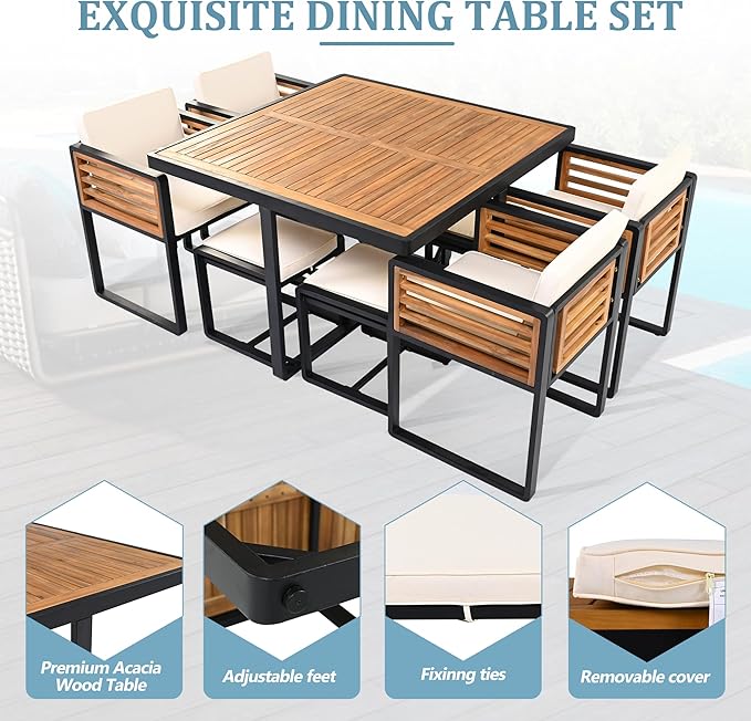 9-Piece Outdoor Patio Acacia Wood Dining Table Set, Square Table with 4 Cushioned Chairs& 4 Stools, All-Weather Resistant Conversation Set with Metal Frame, Space-Saving Design for 8 (Beige-1.8)