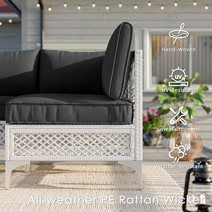 Vikiullf Patio Conversation Set, 7 Piece Outdoor Sectional Sofa Set with Coffee Table, White Wicker with Grey Cushions (White and Grey, 7 piece)