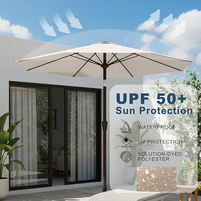 9ft Patio Umbrella with Push Button Tilt and Crank,Outdoor Market Table Umbrella UV Protection 8 Sturdy Ribs for Backyard,Garden,Pool,Deck(Creamy-white)