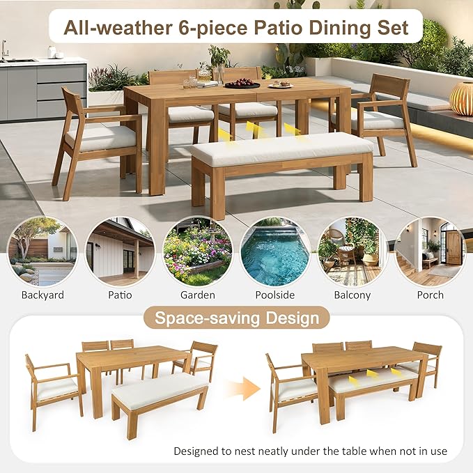 Merax 6-Piece Patio Dining Set with Bench & Chairs, Acacia Wood Table with Umbrella Hole, Outdoor Furniture Set with Removable Cushions, Rustic Garden Dining Set for Backyard, Poolside, Light Teak