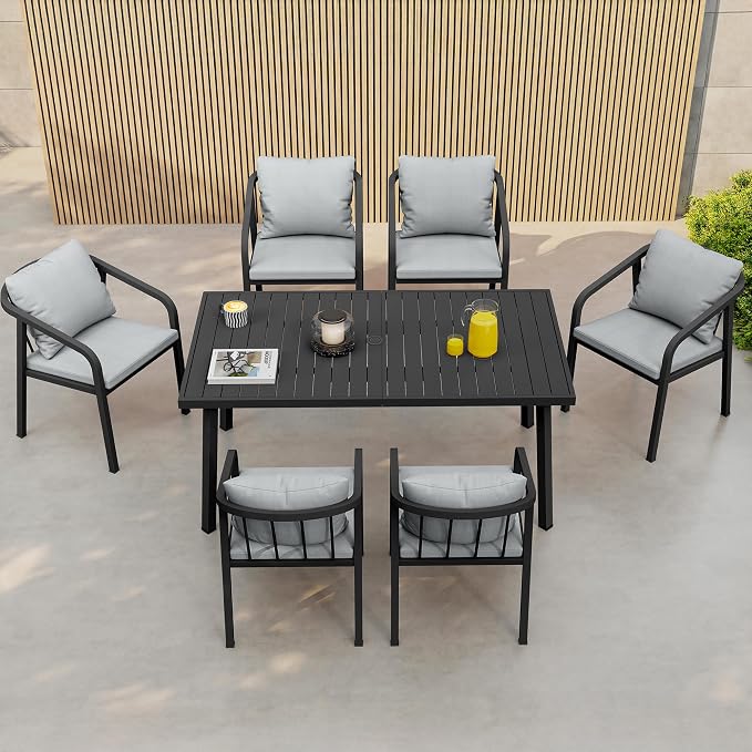 63"x35" Never-Rust Aluminum Outdoor Dining Table – Rectangular Patio Table for 6 with Umbrella Hole, Heavy Duty All-Weather for Poolside, Garden, Backyard, Porch, Deck, Black