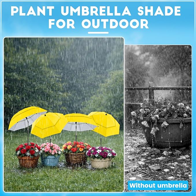 4 Pack 24.9" Double Canopy 47.2" Height Plant Umbrellas for Outdoor Plants, 3D Stakes 360° Adjustable Plant Shades for Outdoor Plants, Garden