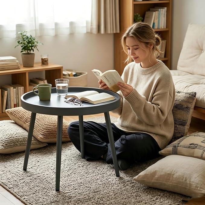 Small Outdoor Side Table - Round Metal End Table with PP Desktop & Anti-Fall Fence - Mini Coffee Table for Small Spaces - Versatile Outdoor End Table for Patio, Couch, Bedside - Gray