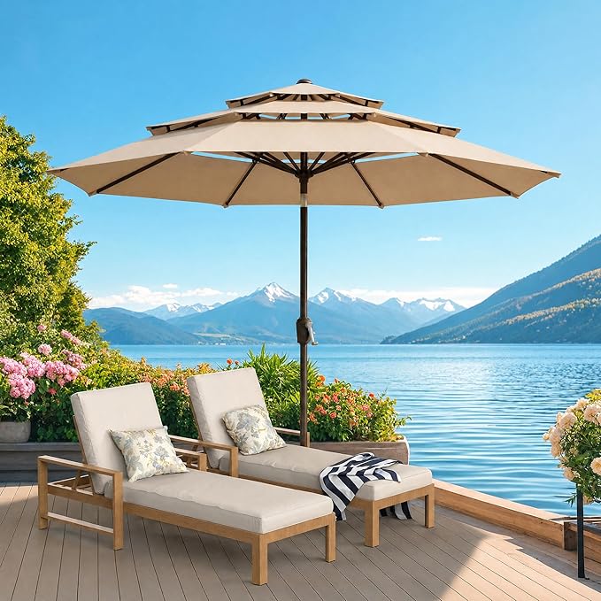 10 FT Patio Umbrella, 3 Tier Outdoor Table Umbrella with 8 Sturdy Glass Fiber Ribs and Push Button Tilt, Outdoor Patio Umbrellas for Market Pool Garden Backyard, 1.5" Pole, Champagne (No Base)