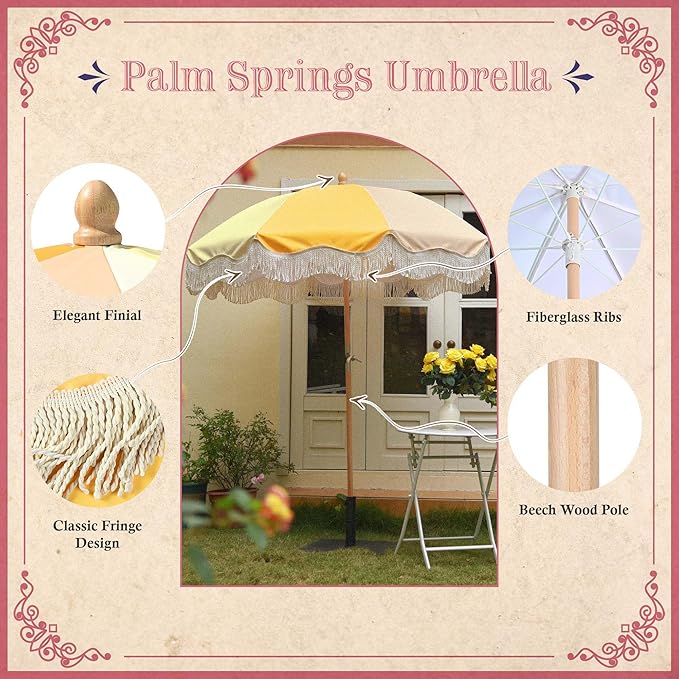 LAGarden Fringe Patio Umbrella with Carry Bag & Cover Vintage Wood for Event Outdoor Garden Yard Wedding Bistro Table