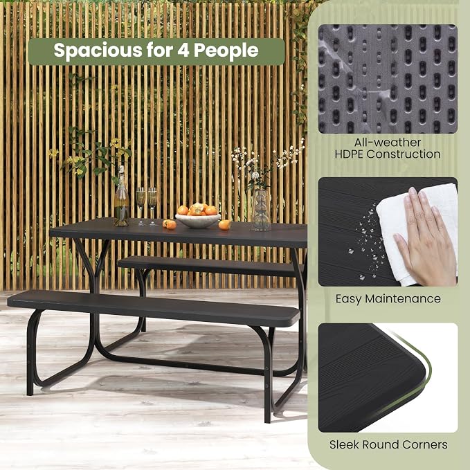 S AFSTAR Picnic Table, 59” Plastic Picnic Table with Benches, Steel Frame & Wood-Like Texture Tabletop, Expanded Rectangular Camping Table Chair Set for Garden Patio Lawn Deck (Black)
