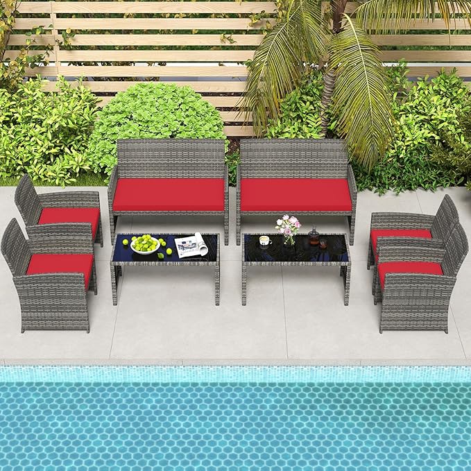 HAPPYGRILL 8 Piece Rattan Wicker Patio Conversation Set, Outdoor Furniture with Chair Loveseat Table & Cushion, for Backyard Porch Balcony (2, Red)