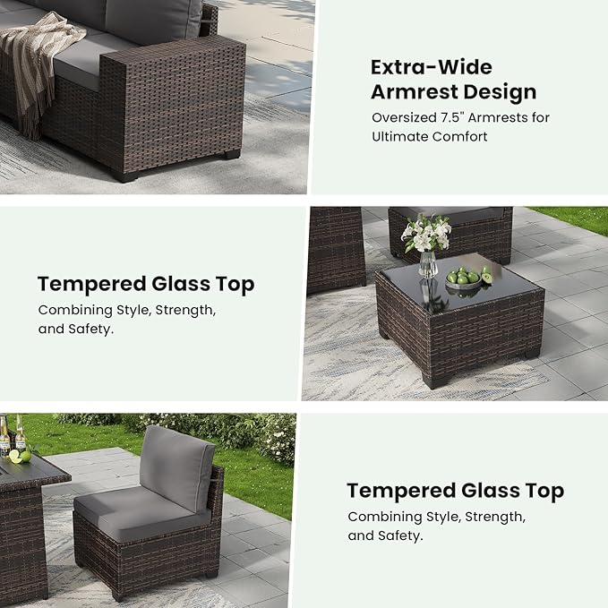 Soohow 6-Piece Patio Furniture Set All-Weather Outdoor Wicker Sectional Conversation Set with Cushion and Glass Table for Garden, Porch, Backyard, Grey Cushions