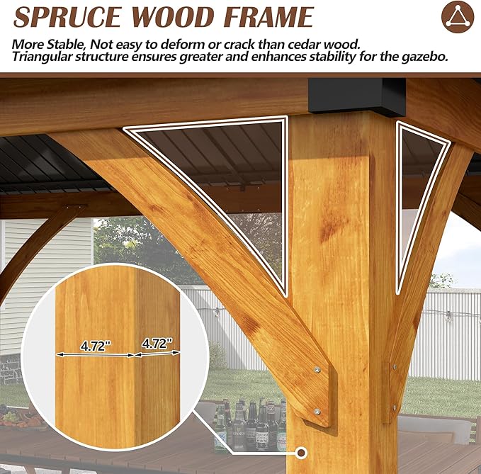 13' x 15' Upgraded Wood Gazebo, Spruce Wooden Gazebo with Double Galvanized Steel Roof, Outdoor Wooden Hardtop Gazebos for Deck,Patio