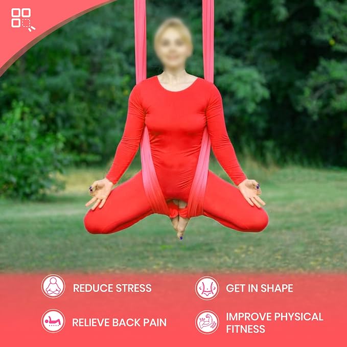 KUAFU 6.56 Yards Aerial Silks for Home Yoga Swing Therapy Swing Aerial | Hammock w/Extension Straps, o-Slings, Carabiners Red