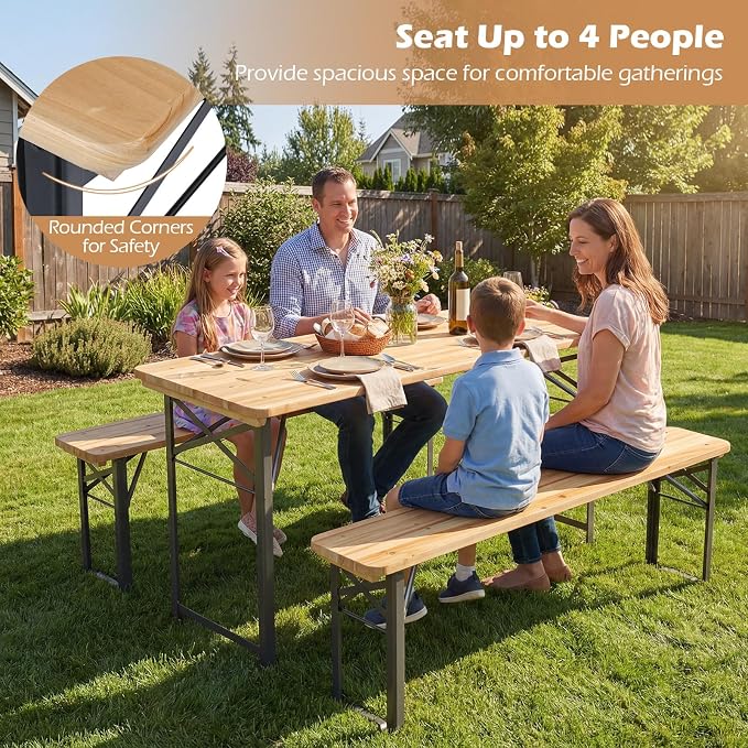 Tangkula 3 Piece Folding Picnic Table with 2 Benches, Foldable Wood Picnic Table Bench Set with Heavy-Duty Metal Frame for 4, Space-Saving Outside Table and Bench Set for Backyard, Patio, Garden