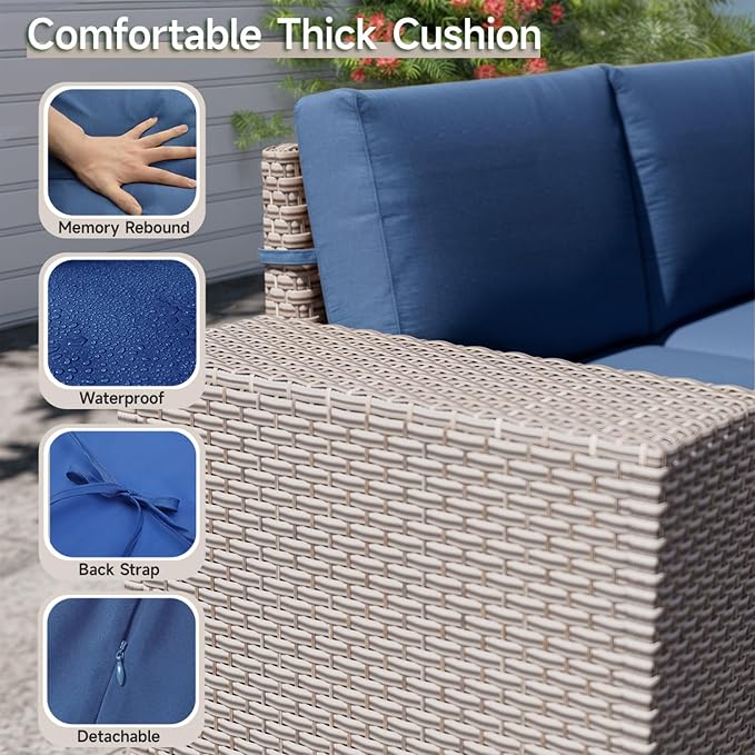 12-Piece Outdoor Patio Furniture Set, Modular Sectional Sofa Set with Glass Coffee Table and Cushions, Wicker Outdoor Couch Conversation Sets, Blue