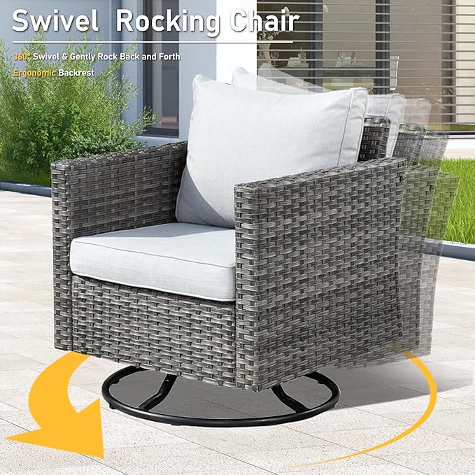 HOOOWOOO Wicker Outdoor Swivel Bistro Set for 2,3 Piece Patio Rocking Chairs and Table,All Weather Resistant Outside Out Door Rattan Rockers Furniture Set,Light Gray
