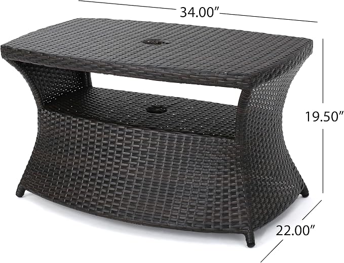 Outdoor Rattan Side Table with Umbrella Hole, All Weather 2 Tier Rattan Wicker Coffee End Table with Storage Shelf for Garden Porch Deck Backyard, No Assembly Required (Brown)