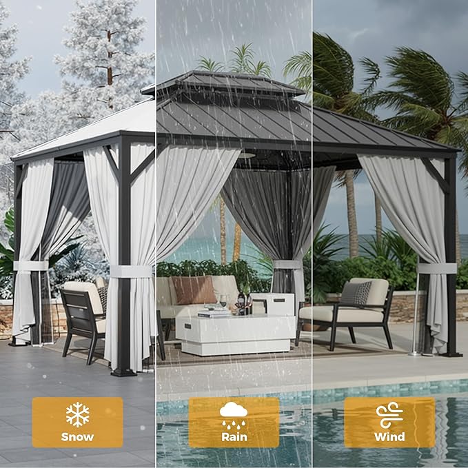 IRONCK 10'x12' Outdoor Hardtop Gazebo, Aluminum Patio Gazebo with Galvanized Steel Double Roof, Patio Pergola with Net and Curtain, Backyard Canopy for Garden, Deck, Black Gray