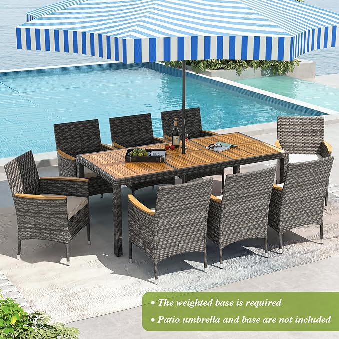Tangkula 9 Pieces Outdoor Wicker Dining Set, Patio Dining Furniture Set with Acacia Wood Table and 8 Armchairs, Outdoor Table and Chairs Set with 1.96” Umbrella Hole and Cushions