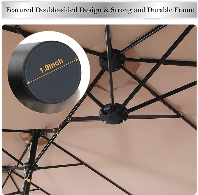PHI VILLA 15FT Patio Umbrella with Base, Large Double-Sided Outdoor Market Umbrella with Crank Lift, UV-Resistant Canopy for Poolside, Garden, Deck, Backyard, Khaki