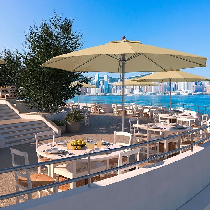 California Umbrella 11Ft Commercial Grade Sunbrella Fabric Market Umbrella, Pulley Lift, Aluminum/Fiberglass, 2mm pole wall, Silver Frame, Beige Fabric