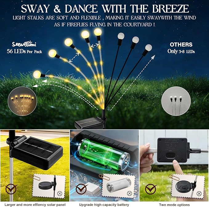 Solar Garden Lights Outdoor Decor(6pack,56LED) Upgraded Solar Swaying Light for Garden Decorative, Waterproof Firefly Light with Big Bulb, for Yard,Patio,Pathway,Party(Warm White)