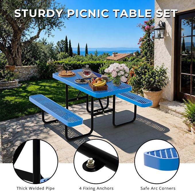 4FT Rectangular Steel Outdoor Picnic Table, Commercial Picnic Table Bench Set with Umbrella Hole, Weather-Resistant Heavy Duty School Dining Table for Stores, Park, Patio, Garden, Backyard, Blue