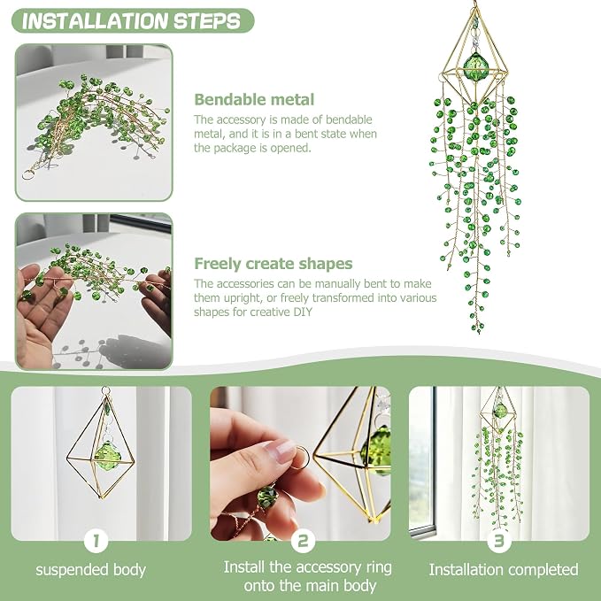 Crystal Suncatcher Glass Wind Chimes Sun Catchers Rainbow Plant Suncatcher | Crystal Beaded Plant Suncatcher for Window Hanging Home Garden Decor (15.4inch,Green)