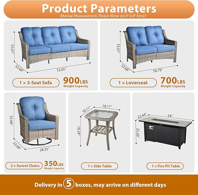 6 PCS Outdoor Patio Furniture Sets,Patio Conversation Sets Outside Rattan Soft Cushion Sofa with 2 Wicker Rocking Chairs & 54 in Fire Pit Table Fit Backyard Porch Garden Poolside Balcony,Diamond Blue