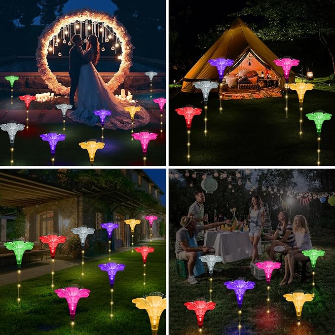 BeHiller Upgraded Solar Garden Light Outside Decorations,Set of 6PCS Multicolor Optical Fiber Bigger Lily Flowers Light Outdoor Waterproof Solar Flowers Lights for Xmas Housewarming Gifts Decor
