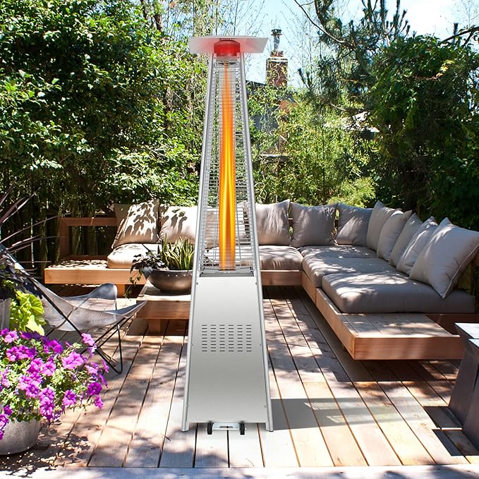 COSTWAY 42,000 BTU Stainless Steel Pyramid Outdoor Propane Heater With Wheels and Glass Tube, Auto Shut Off Protection, Freestanding Quartz for Backyard, Garden, Silver