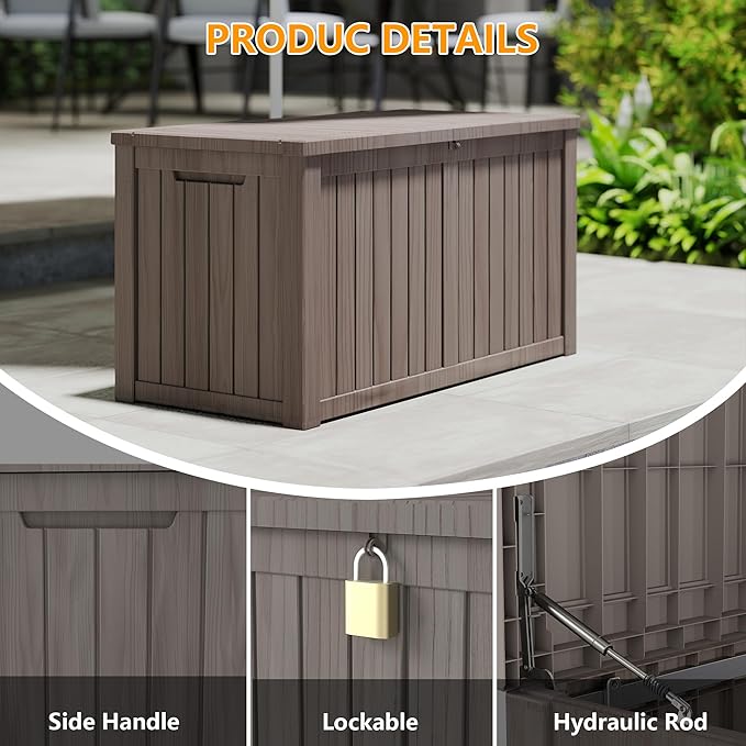 80 Gallon Deck Boxes Outdoor Waterproof, Outdoor Storage Box with Lockable Lid & UV-Resistant for Patio Furniture, Outdoor Cushions, Garden Tools and Pool Supplies, Light Brown