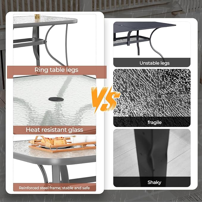 TLSUNNY Patio Outdoor Table W/ 1.69″ Umbrella Hole, 30"X 55" Rectangular Tempered Glass Patio Dining Table for 6, Outdoor Metal Furniture, All-Weather Use, for Patio, Graden, Backyard (Grey)