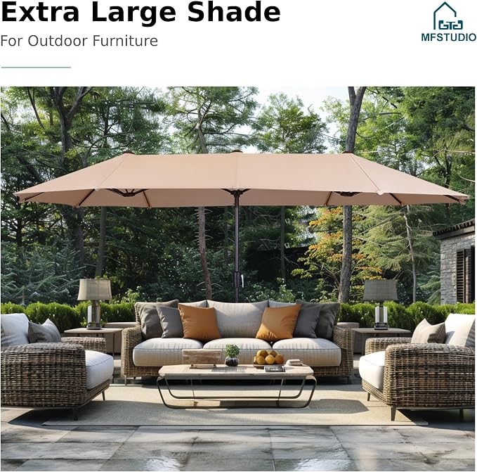 MFSTUDIO Outdoor Patio Dining Set for 6, Patio Dining Set with Umbrella, Outdoor Table and Chairs for 6, Patio Rectangular Metal Dining Table with Swivel Chairs, 8 Pieces Outdoor Furniture Set, Beige