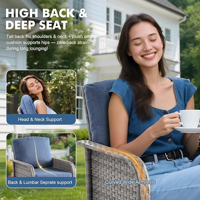 Weaxty Wicker Patio Furniture Set High Back Loveseat Sofa Couch Armchair Coffee Table, All Weather Rattan 4 Pieces Outdoor Conversation Sets for Patio Porch Deck Backyard Poolside, Denim Blue