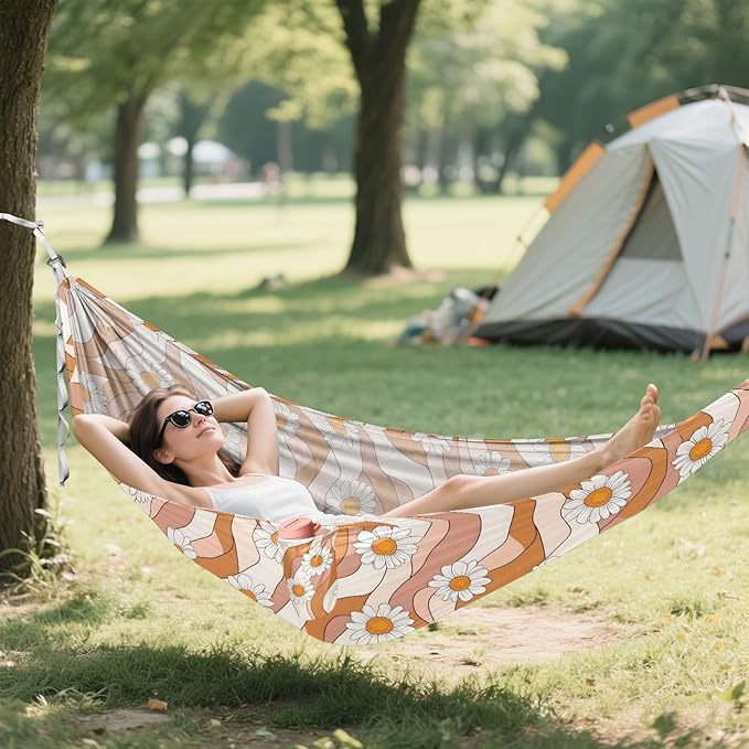 Camping Hammock Outdoor Hammocks for Outside Orange White Striped Daisy Beach Trees Portable Lightweight with Pockets Tree Straps Indoor