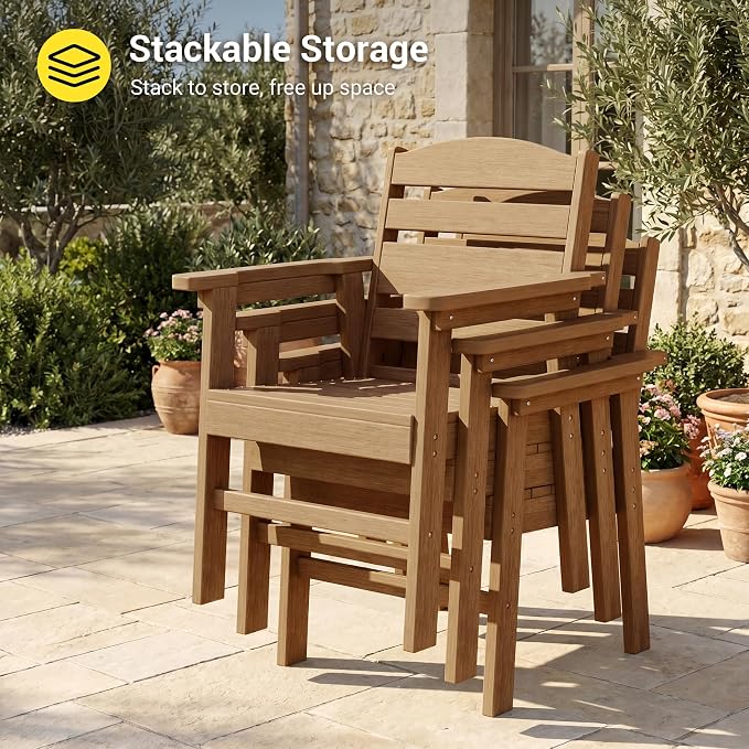 HDPE Outdoor Dining Chairs Set of 2 | Weather Resistant Patio Stackable Chairs for Garden, Backyard, Lawn and Poolside, Teak