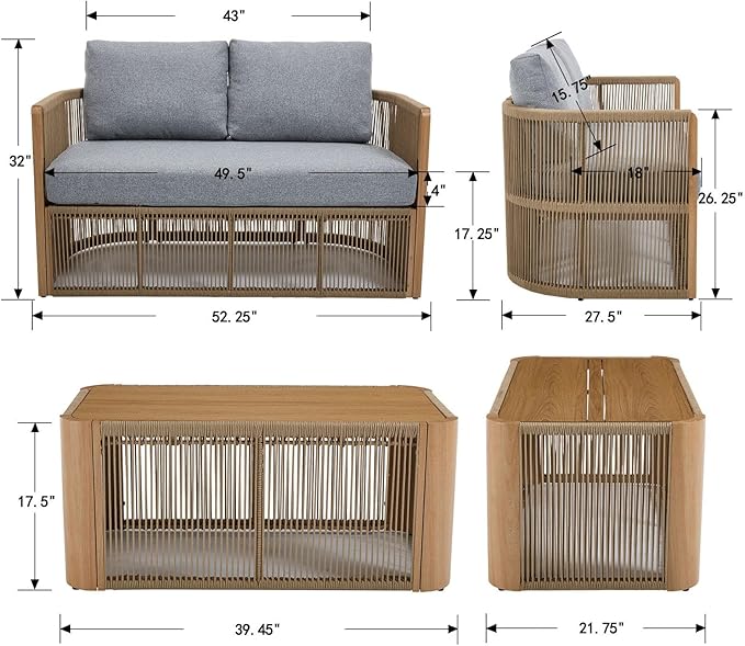 2-Seater Rope Sofa Set with Table, Outdoor Loveseat Patio Rope Chairs Set of 2, Rope Patio Furniture Set, Outdoor Deck Chair with Cushions, Aluminum Outdoor Sofa Sets in All Weather, Grey