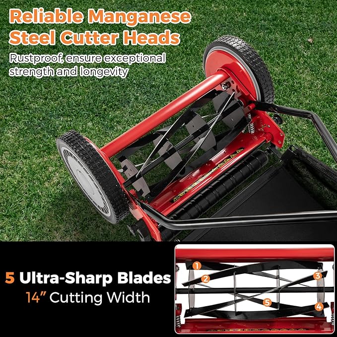 Push Lawn Mower, 14" Manual Rear Mower with 5 Steel Blades, Adjustable Cutting Heights & Grass Catcher Bag, Walk-Behind Grass Cutter Lawn Sweeper for Garden, Park & Yard (Red)