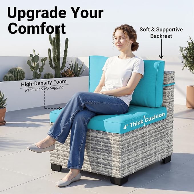 14-Piece Patio Furniture Set, Outdoor Sectional with Thick Cushions, Modular Patio Sofa, Dual-Strand Wicker Rattan, Rust-Resistant Frame, Backyard Furniture for Garden, Deck, Lake Blue